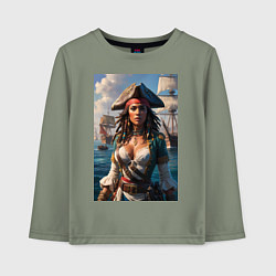 Лонгслив хлопковый детский Пиратка на фона флотилии кораблей, цвет: авокадо
