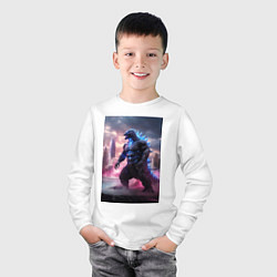 Лонгслив хлопковый детский Годзилла посреди мегаполиса, цвет: белый — фото 2