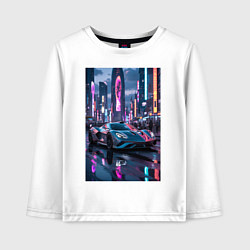 Лонгслив хлопковый детский Суперкар на фоне небостребов, цвет: белый