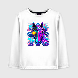 Лонгслив хлопковый детский Киберпанк лошадь с неоновыми иероглифами, цвет: белый