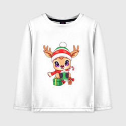 Лонгслив хлопковый детский Рождественский оленёнок с горячим напитком, цвет: белый