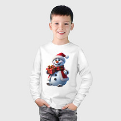 Лонгслив хлопковый детский Новогодний снеговик в красной шапке, цвет: белый — фото 2