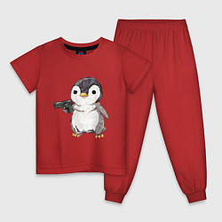 Пижама хлопковая детская Пингвин с пистолетом, цвет: красный