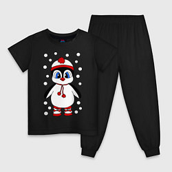 Пижама хлопковая детская Пингвин в снегу, цвет: черный