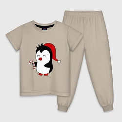 Пижама хлопковая детская Новогодний пингвин, цвет: миндальный