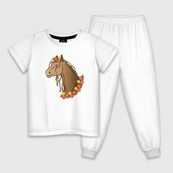 Пижама хлопковая детская Лошадь в цветах, цвет: белый