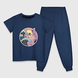 Пижама хлопковая детская Vaporwave Sunset Кот Самурай, цвет: тёмно-синий