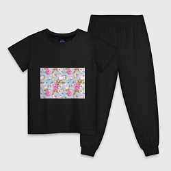 Пижама хлопковая детская Цветы, цвет: черный