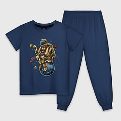 Пижама хлопковая детская Космонавт пьет чай, цвет: тёмно-синий