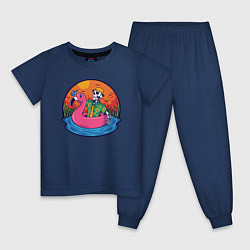 Пижама хлопковая детская Скелет в надувном Фламинго, цвет: тёмно-синий