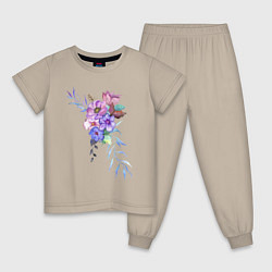 Пижама хлопковая детская Акварель цветы, цвет: миндальный