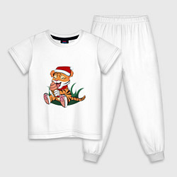 Пижама хлопковая детская Новогодний тигр ест, цвет: белый