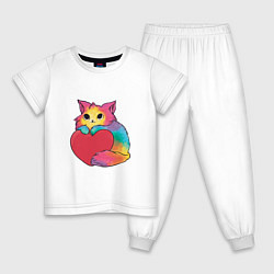 Пижама хлопковая детская Влюбленный котик держит сердце, цвет: белый