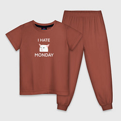 Пижама хлопковая детская I hate monday текст с котом, цвет: кирпичный