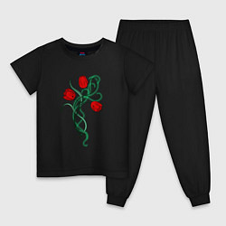 Пижама хлопковая детская Красные тюльпаны, букет, цвет: черный