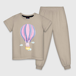 Пижама хлопковая детская Милый Крольчонок Взлетает На Воздушном Шаре, цвет: миндальный