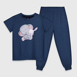 Пижама хлопковая детская Милый Слонёнок и Крольчонок Обнимаются, цвет: тёмно-синий