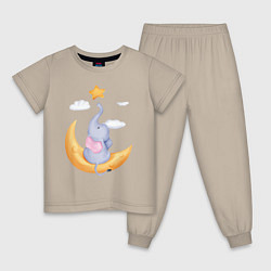 Пижама хлопковая детская Милый Слонёнок Сидит На Месяце и Тянется К Звезде, цвет: миндальный