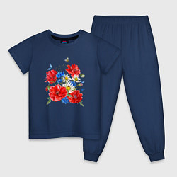 Пижама хлопковая детская Летний букет мак василек ромашка цветы лето, цвет: тёмно-синий
