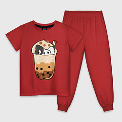 Пижама хлопковая детская Довольный котик в стакане с мороженым, цвет: красный