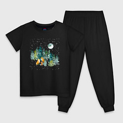 Пижама хлопковая детская Зимний лес и семья лис, цвет: черный