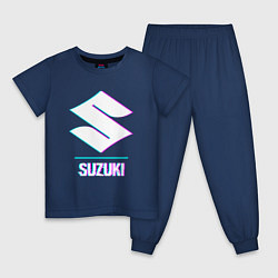 Пижама хлопковая детская Значок Suzuki в стиле glitch, цвет: тёмно-синий