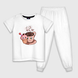 Пижама хлопковая детская Кексик и кружка кофе, цвет: белый
