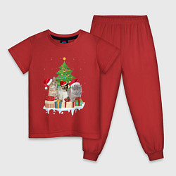 Пижама хлопковая детская Коты и елка с подарками, цвет: красный