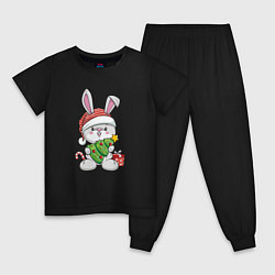 Пижама хлопковая детская Новогодний кролик с елочкой, цвет: черный