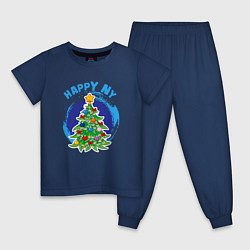Пижама хлопковая детская Мультяшная новогодняя ёлка, цвет: тёмно-синий