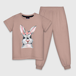 Пижама хлопковая детская Кролик в цветах, цвет: пыльно-розовый