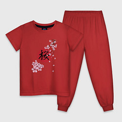 Пижама хлопковая детская Цветущая вишня и красный круг с японским иероглифо, цвет: красный