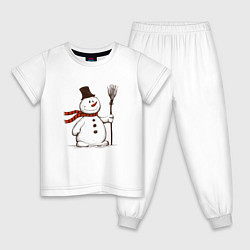 Пижама хлопковая детская Новогодний снеговик с метлой, цвет: белый