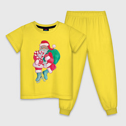 Пижама хлопковая детская Санта Клаус с мешком подарков на коньках, цвет: желтый