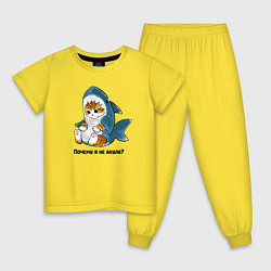 Пижама хлопковая детская Грустный котёнок в костюме акулы, цвет: желтый