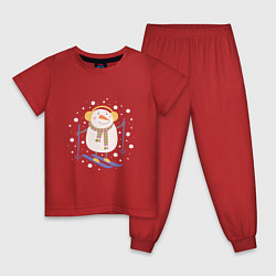 Пижама хлопковая детская Снеговик лыжник, цвет: красный
