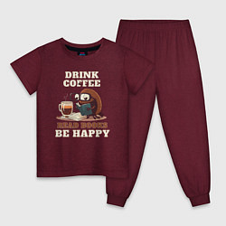 Пижама хлопковая детская Drink Coffee, Read Books, Be Happy, цвет: меланж-бордовый