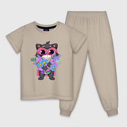 Пижама хлопковая детская Кот супергерой с цветами, цвет: миндальный