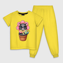 Пижама хлопковая детская Кошка цветок, цвет: желтый