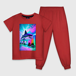 Пижама хлопковая детская Неоновая акула - нейросеть, цвет: красный