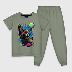 Пижама хлопковая детская Кот тусовщик, цвет: авокадо