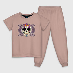 Пижама хлопковая детская Мексиканский череп и фиолетовый розы, цвет: пыльно-розовый