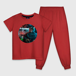 Пижама хлопковая детская Бабушка и кот в киберпанке, цвет: красный