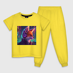 Пижама хлопковая детская Лис в наушниках на фоне киберпанк-города, цвет: желтый