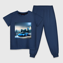 Пижама хлопковая детская Спортивная машина на фоне города, цвет: тёмно-синий
