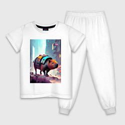 Пижама хлопковая детская Капибара в мегаполисе - киберпанк, цвет: белый