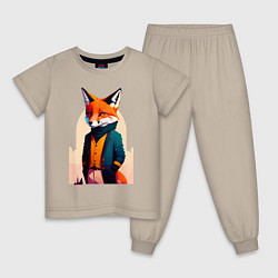 Пижама хлопковая детская Лис-модник - нейросеть, цвет: миндальный