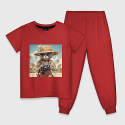 Пижама хлопковая детская Кот на пляже с фотоаппаратом, цвет: красный