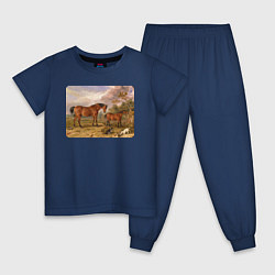 Пижама хлопковая детская Две лошади и две собаки, цвет: тёмно-синий
