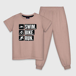 Пижама хлопковая детская Swim bike run, цвет: пыльно-розовый